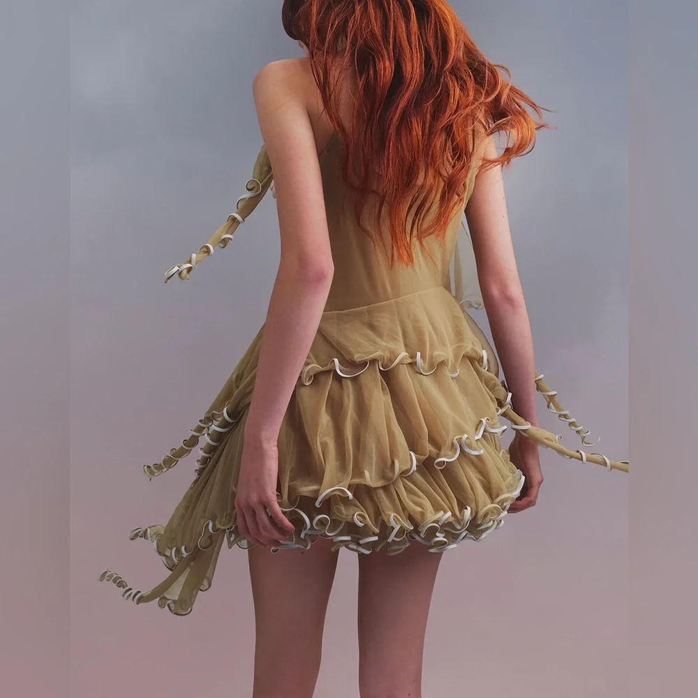 NWT $2498 Tory Burch Jellyfish Ruffled Leather-Trimmed Chiffon Mini Dress